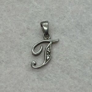 Vtg 925 Sterling Silver & Diamond Solitaire Letter T Initial Necklace Pendant